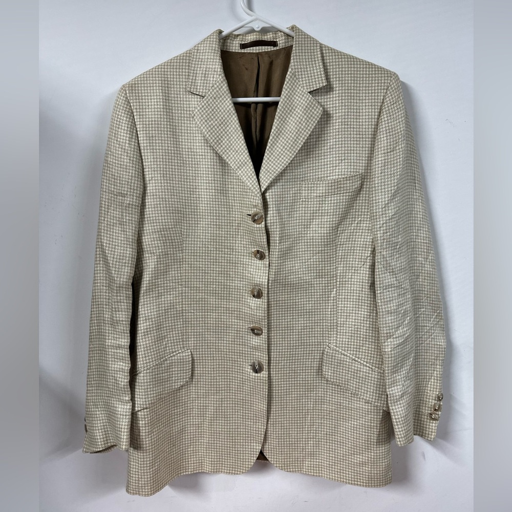 Burberrys' Linen Blazer Sport Coat Womens 40 Short Houndstooth Cream Beige